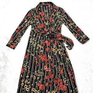 Zara Floral Striped Midi Dress - Black, Red, Green